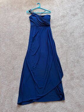 R & M Richards One Shoulder Navy Blue Ruched Formal Evening Gown Size 10/12